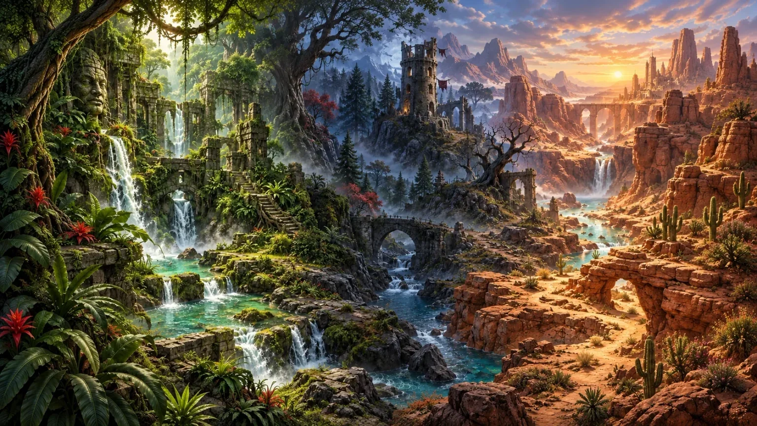 Battlemaps illustration of varied fantasy adventure environments