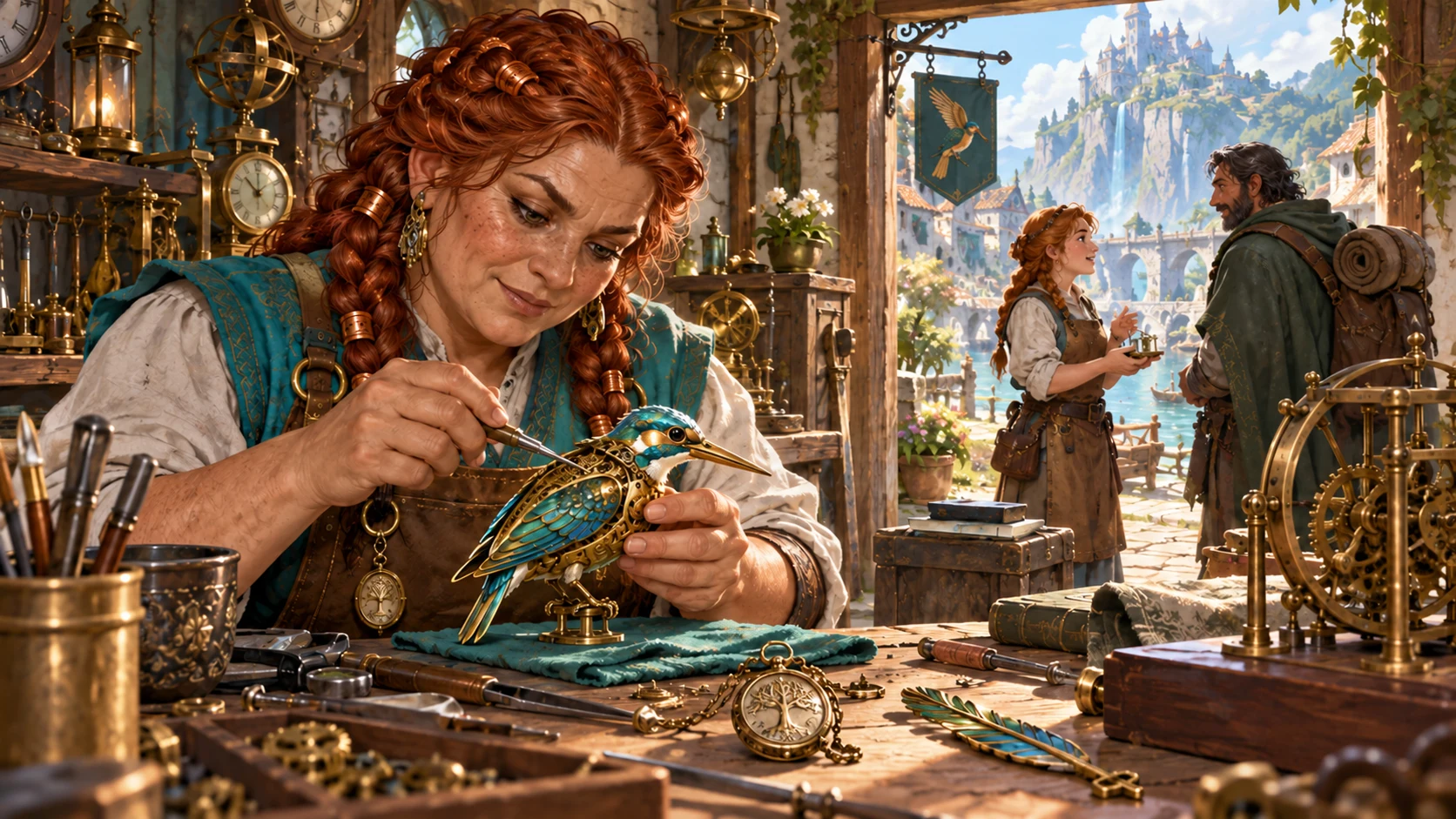 Fantasy illustration of a red-haired clockmaker repairing a clockwork kingfisher while travellers meet outside her workshop