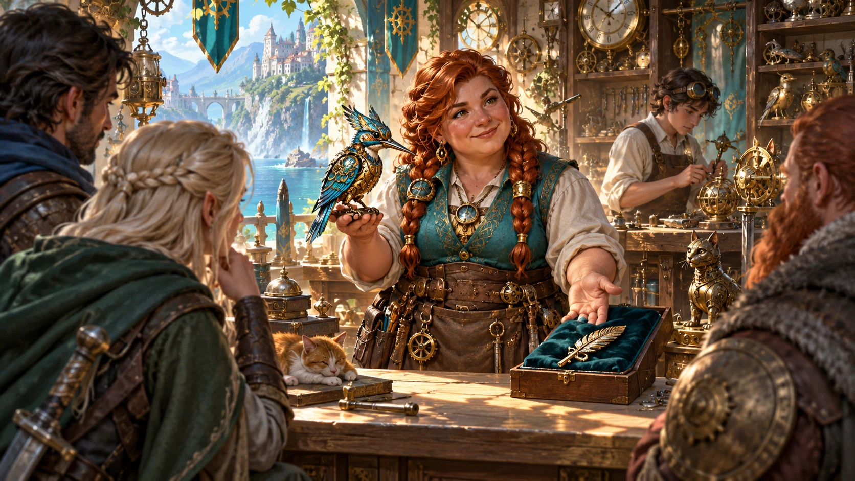 Fantasy illustration of a clockmaker welcoming travellers with a clockwork bird beside her apprentice and workshop clocks