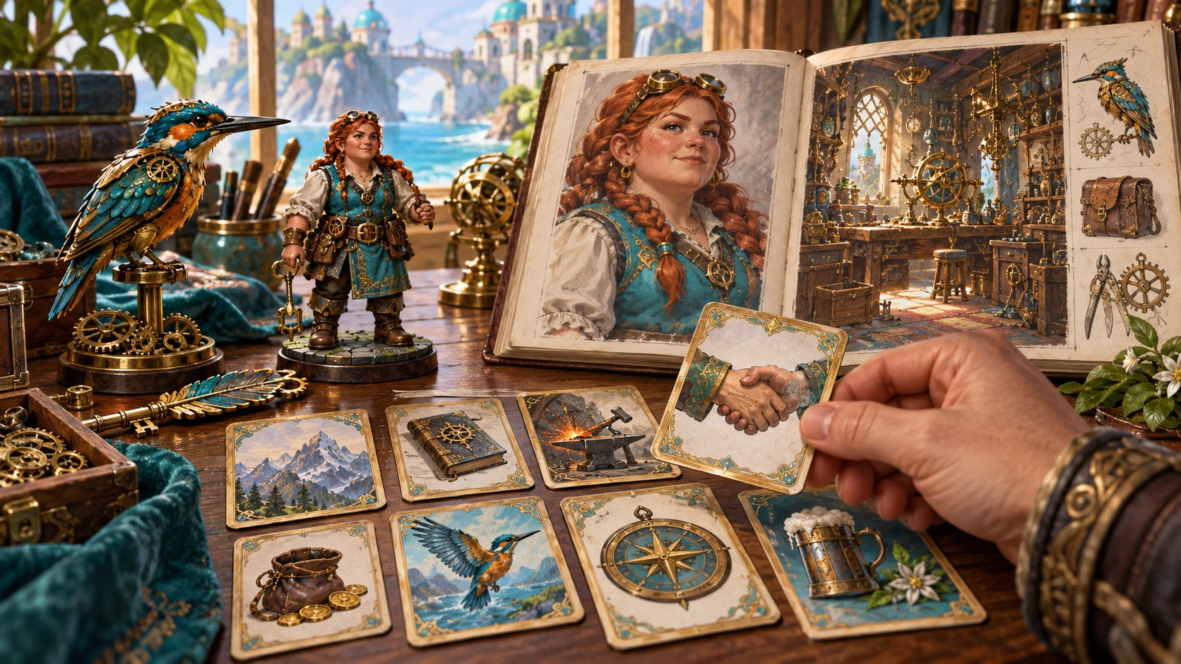 Fantasy illustration of a clockmaker portrait book, character figurine and story cards being reviewed on a tabletop